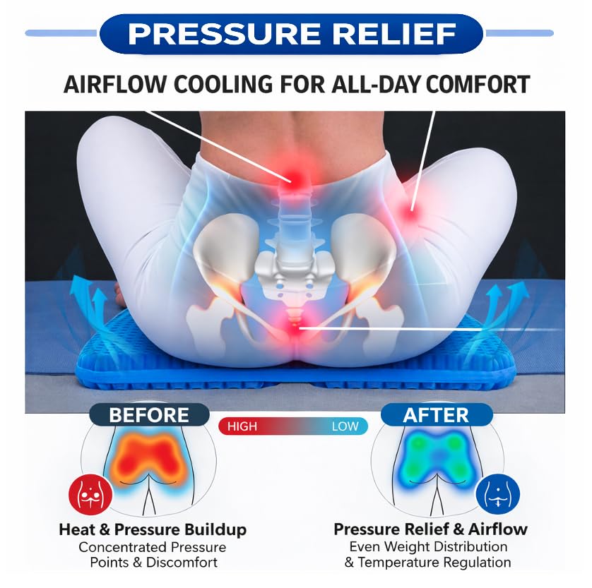 Large Gel Seat Cushion for Long Sitting, Cooling Gel Cushion for Office Chair, Tailbone Sciatica Coccyx Pain Pressure Relief Orthopedic Seat Cushion, Double Handles Non Slip Cover for Car Wheelchair