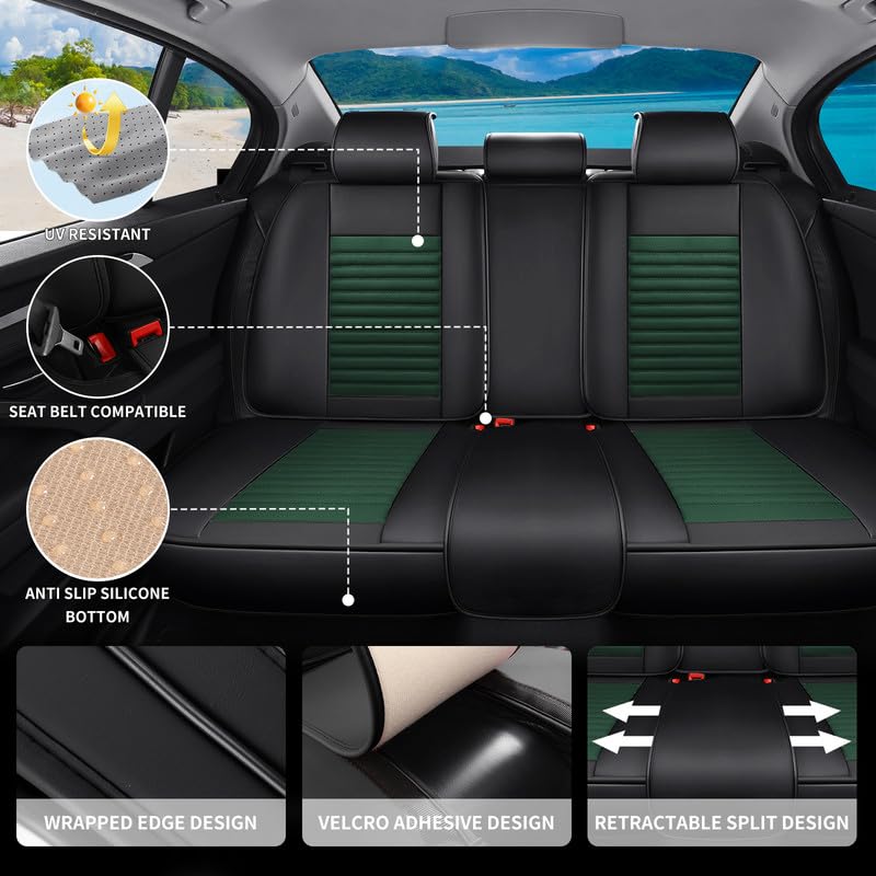 Car Seat Covers Full Set Fit for Chevy/Chevrolet Cruze 2011-2019, Premium Faux Leather Car Seat Protectors,Breathable Anti-Slip Full Wrapping Edge Seat Covers(Black&Green,Full Set)