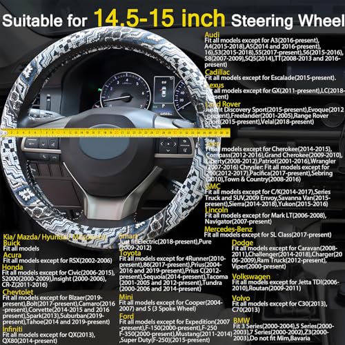Boho Steering Wheel Cover, Bohemian Cloth Car Steering Wheel for Women Breathable Flax Ethnic Style Steering Wheel Accessories Cover Sweat-Absorbing Anti-Slip Fits 14 1/2-15 Inch - Black - color: Black