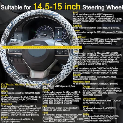 Boho Steering Wheel Cover, Bohemian Cloth Car Steering Wheel for Women Breathable Flax Ethnic Style Steering Wheel Accessories Cover Sweat-Absorbing Anti-Slip Fits 14 1/2-15 Inch - Black - color: Black