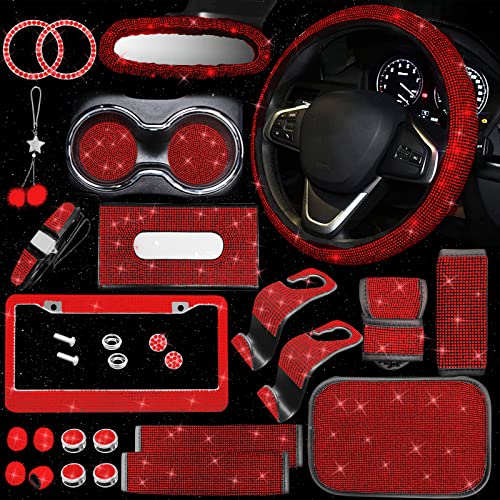25PCS Bling Car Car Accessories Set,15 Inch Steering Wheel Cover,Shiny License Plate Frame,Center Console Cover and Rearview Mirror Set and Other Car Accessories(Red) - color: Red