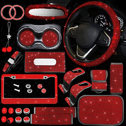 25PCS Bling Car Car Accessories Set,15 Inch Steering Wheel Cover,Shiny License Plate Frame,Center Console Cover and Rearview Mirror Set and Other Car Accessories(Red) - color: Red