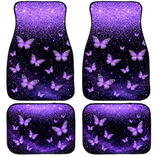 Butterfly Car Floor Mats Set of 4 Purple Glitter Galaxy Dream Carpet Front Rear Carpets Mat Decorative Car Floor Carpets Non-Slip Auto Car Accessories Universal Fit for Car SUV Truck Van - color: Butterfly