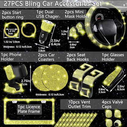 NBTEPEM 27 PCs Yellow Bling Car Accessories Set for Women, Steering Wheel Covers Universal Fit 15 Inch, Bling License Plate Frame, Bling Phone Holder, Bling Car Coasters (Yellow Diamond) - color: Yellow Diamond
