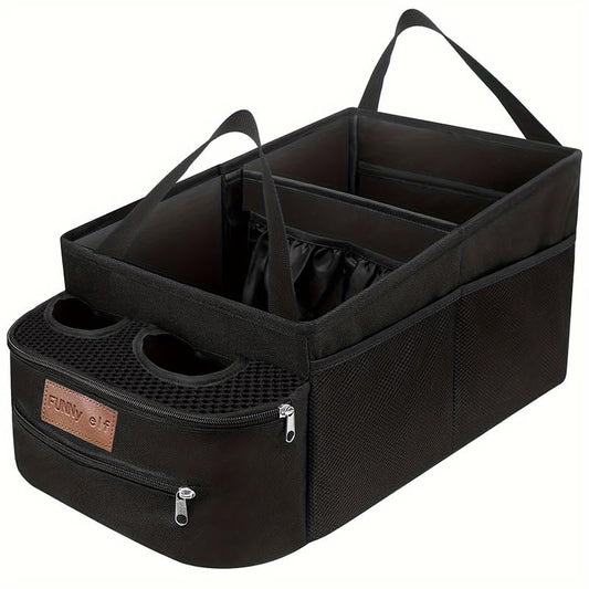 FUNNy elf Car Backseat Organizer for Cars, Collapsible Front Seat Organizer with 4 Cup Holders, Storage Pockets & Dividers, Passenger Seat Organizer for SUV, Truck, Sedan - color: Black Upgrade