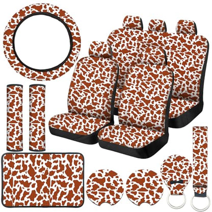 15 Pcs Car Steering Wheel Cover Center Console Armrest Pad Headrest Seat Belt Cover Handbrake Cover Keychain Coaster Full Set Car SUV (Brown Cow) - color: Brown cow