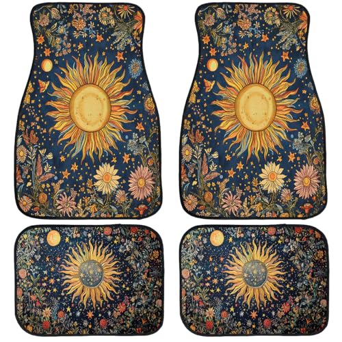 Abstract Car Floor Mats Set of 4 Vintage Sun Moon Star Floral Vibrant Color Carpet Front Rear Carpets Mat Non-Slip Auto Car Accessories Universal Fit for Car SUV Truck Van - color: Vintage Sun Moon