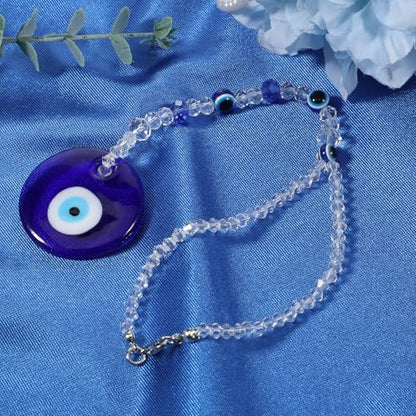 COMNICO Evil Eye Car Hanging Ornament, Classic Blue Evil Eye Beaded Charms Rear View Mirror Pendent Decor Car Accessories for Window Door Wall(White Beads) - style: White beads