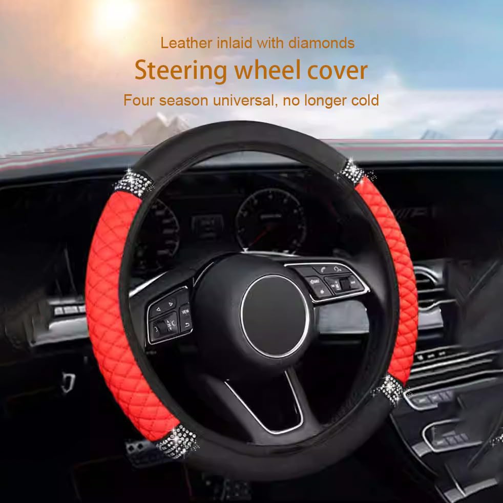Microfiber Leather Steering Wheel Cover with Anti-Slip Lining Universal Car Accessory for Steering Wheel with a Diameter of 14.5-15 inch (Red) - color: Red