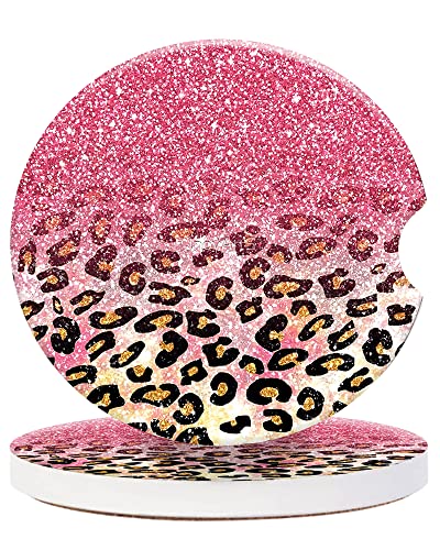 2 Pack Universal Ceramic Car Coasters Cute Pink Faux Glitter Leopard,Ceramic Stone with A Finger Notch for Easy Removal of Car Cup Holder Coaster - color: Cute Pink Faux Glitter Leopard