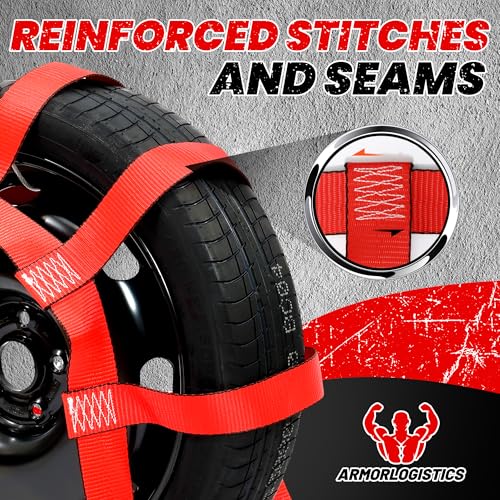 Tow Dolly Basket Straps with Flat Hook, 2 Pack Tow Dolly Straps, Fits 14"-17" Tires Wheels, Breaking Strength 10000 lbs, 2" Over Wheel Car Basket Tie Down Strap with Carrying Bag, Red - color: Red