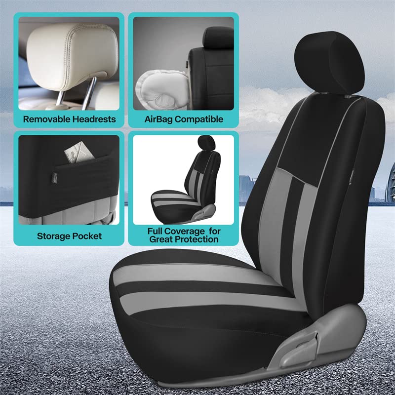 FH Group Car Seat Cover Full Set Striking Striped Gray Car Seat Covers with Front Seat Covers and Rear Split Bench Car Seat Cover Universal Fit Interior Accessories for Cars Trucks and SUVs