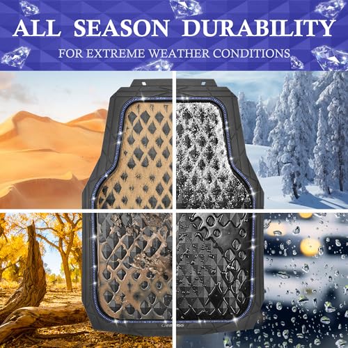 CAR PASS Bling Diamond Rubber Car Mats, Heavy Duty Deep Dish All-Weather Floor Mat Full Set Anti-Slip 3D Rhombus Waterproof Trim to Fit Liner Universal Glitter Sparkly Shining Rhinestone, Black Blue - color: Blue Diamond