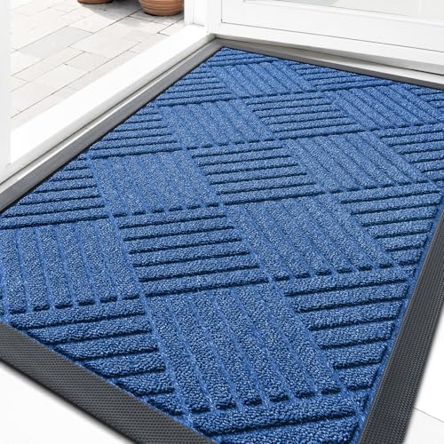OLANLY Front Door Mat Outside Entrance 29.5x17, Absorbent, Heavy Duty Sturdy Natural Rubber Doormat Indoor Outdoor, Stain Fade Resistant, Non-Slip Low Profile Floor Mat Entryway, Ocean Blue Diamond - color: Ocean Blue Diamond, size: 29.5" X 17"