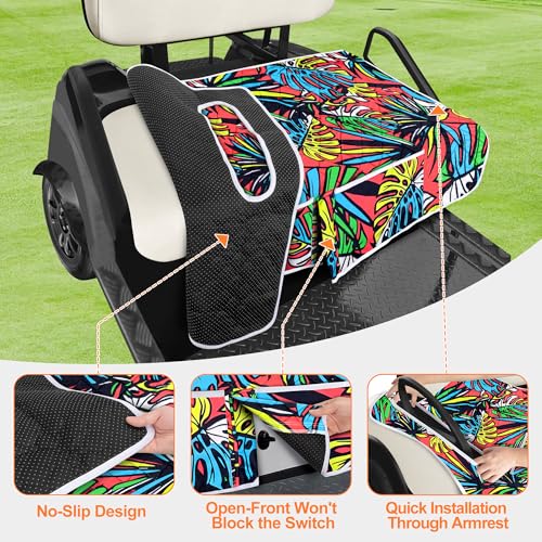 Golf Cart Seat Covers, Universal Golf Cart Seat Towel Blanket with 4 Front Pockets & Nonskid Bottom Fits for EZGO, Yamaha, Club Car and More 2 Person Seats Golf Carts - color: ‎Red banana leaf
