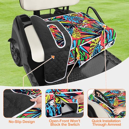 Golf Cart Seat Covers, Universal Golf Cart Seat Towel Blanket with 4 Front Pockets & Nonskid Bottom Fits for EZGO, Yamaha, Club Car and More 2 Person Seats Golf Carts - color: ‎Red banana leaf