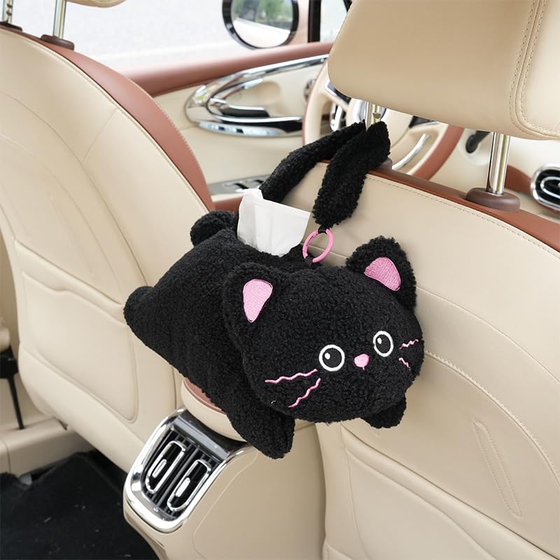 Cute Car Tissue Holder Rabbit Plush Hanging Paper Dispenser Decorative Organizer for Seat Back Funny Animal Design for Home Car Office (Cat)