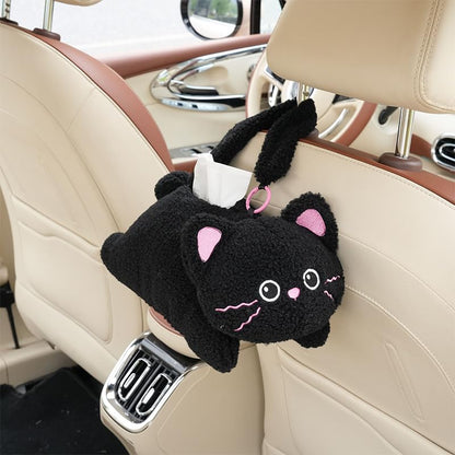 Cute Car Tissue Holder Rabbit Plush Hanging Paper Dispenser Decorative Organizer for Seat Back Funny Animal Design for Home Car Office (Cat)