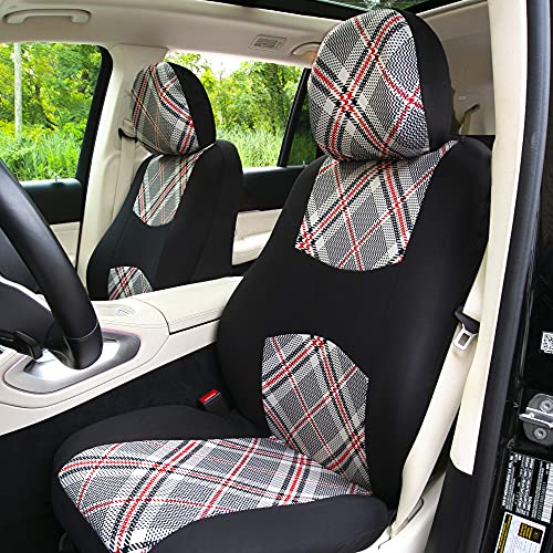 FH Group Full Set Plaid Print Cloth Car Seat Covers Combo Set with Carpet Floor Mats, Universal Fit, Washable Seat Cover for SUV, Sedan, Beige - color: Beige