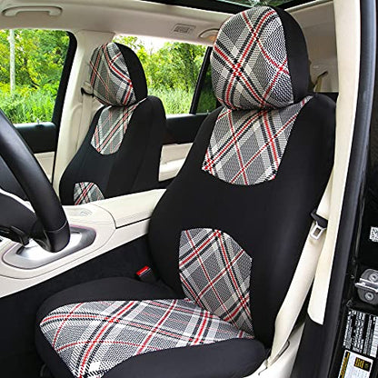 FH Group Car Seat Covers Full Set Plaid Print Cloth - Universal Fit Automotive Seat Covers, Low Back Front Seat Covers, Solid Back Seat Cover, Washable Car Seat Cover for SUV, Sedan, Van Beige - color: Beige, style: Full Set Combo