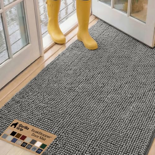 GORILLA GRIP SoakSTOPPER Dog Door Mat, 60x36 Machine Washable Rug Absorbent Doormat Captures Moisture Mud Dirt, Quick Dry Soft Chenille Entryway Rugs Indoor Entrance Mats for Dog Paws, Grey - color: Grey, size: 60" X 36"