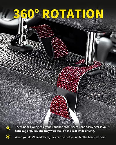 4 Pack Blink Diamond Car Seat Headrest Hooks Crystal Rhinestone Car Purse Holder Universal Interior Accessories for Handbags, Water Bottles, Coats, Umbrellas, Red - color: Red