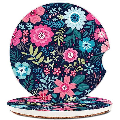 Absorbent Car Cupholder Coaster 2 Pack, Cute Car Coasters with a Finger Notch for Women & Men,2.56" Ceramic Stone & Non-Scratch Cork Base Drink Coasters,Car Accessories Gifts Luxury Flowers2