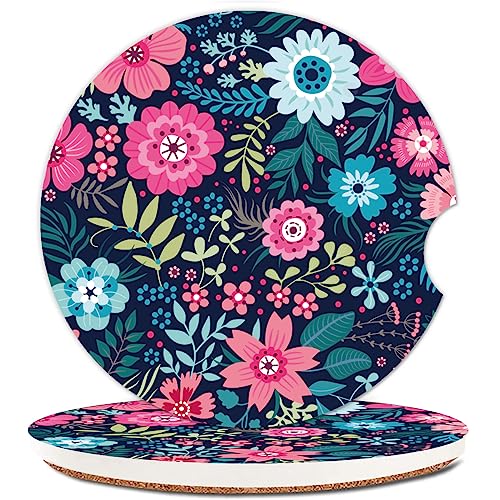 Absorbent Car Cupholder Coaster 2 Pack, Cute Car Coasters with a Finger Notch for Women & Men,2.56" Ceramic Stone & Non-Scratch Cork Base Drink Coasters,Car Accessories Gifts Luxury Flowers2