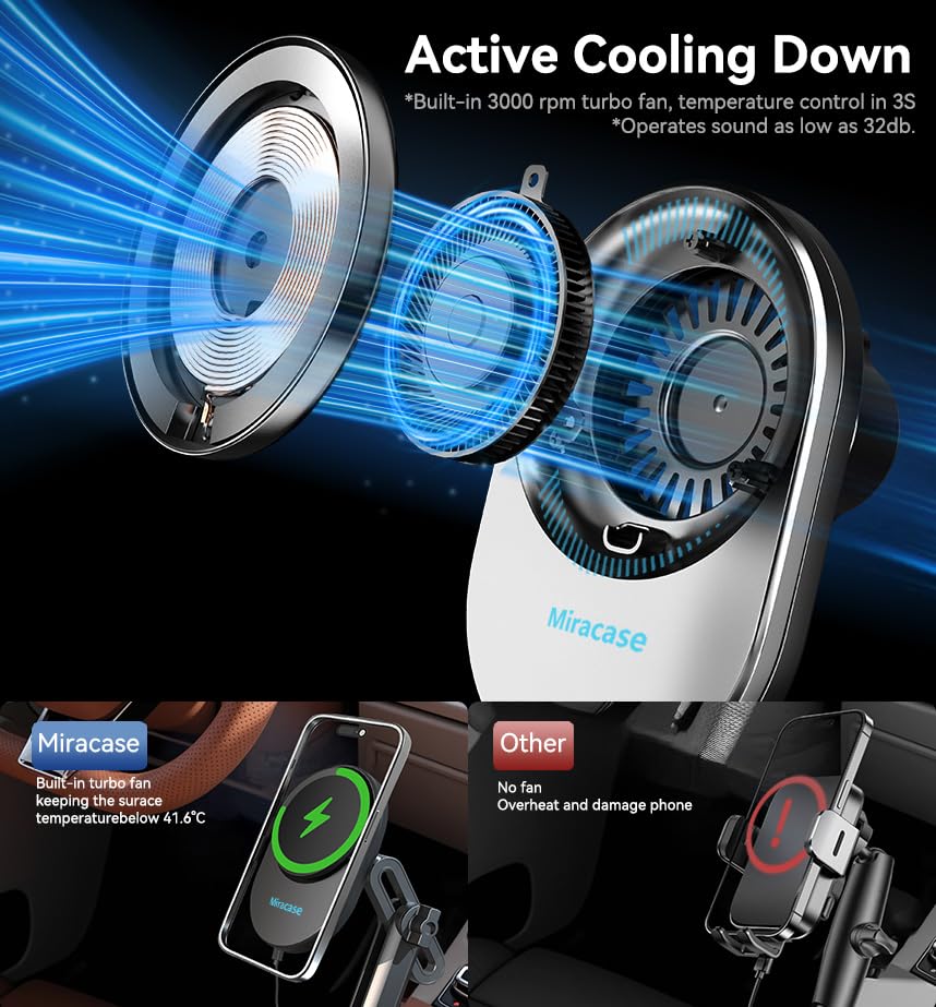 Miracase for Magsafe Car Mount Charger, 15W Fast Charging Cup Holder Phone Holder Wireless Magnetic Charger with Heat Dissipation System Only Fit iPhone 16/15/14/13/12 Series - color: Black-Wireless Charger
