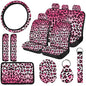 15 PCS Pink Leopard Print Car Seat Cover Set,Steering Wheel Cover Center Console Armrest Pad Headrest Seat Belt Cover Handbrake Gear Cover Keychain Coasters Full Set for Car SUV - color: Pink