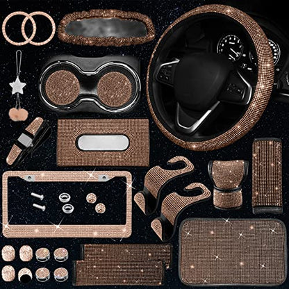 25PCS Bling Car Car Accessories Set,15 Inch Steering Wheel Cover,Shiny License Plate Frame,Center Console Cover and Rearview Mirror Set and Other Car Accessories(Champ) - color: Champagne