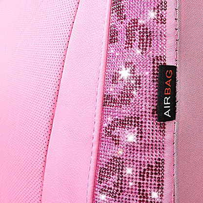 CAR PASS Leopard Diamond Car Seat Covers, Faux Leather Pink Bling Shining Rhinestones 2 Front, Universal Fit 95% Automotive Glitter Crystal Sparkle Strips for Cute Women Girl, Hot Pink - color: Leopard Print Pink, size: Two Front Seats