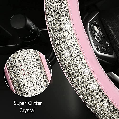Bling Diamond Leather Steering Wheel Cover, Pink Steering Wheel Covers for Women Girls with Crystal Rhinestones, Universal Fit 14.5“-15" Car Steering Wheel Bling Cover Accessories - color: Crystal White Diamond