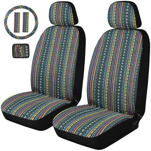 Baja Saddle Blanket Car Seat Covers, Boho Striped Woven Front Seat Protectors, Breathable & Washable Interior Covers, Universal Fit for Most Cars SUVs Trucks, Airbag Compatible, Green, 8 pcs. - color: GREEN
