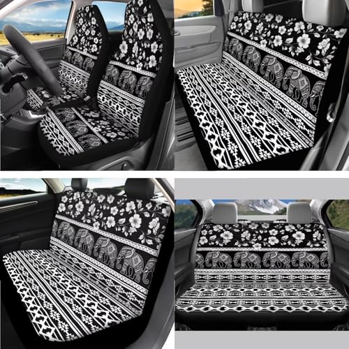 Elephant Floral Aztec White Black 15 Pcs Car Seat Cover Full Set, Protective Car Accessory Set Front Rear Seat Covers Steering Wheel Cover Seat Belt Covers Car Headrest Cover Car Coaster - color: Elephant Floral Aztec Print White Black