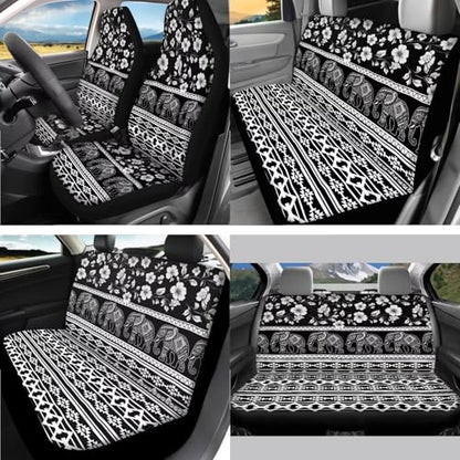 Elephant Floral Aztec White Black 15 Pcs Car Seat Cover Full Set, Protective Car Accessory Set Front Rear Seat Covers Steering Wheel Cover Seat Belt Covers Car Headrest Cover Car Coaster - color: Elephant Floral Aztec Print White Black