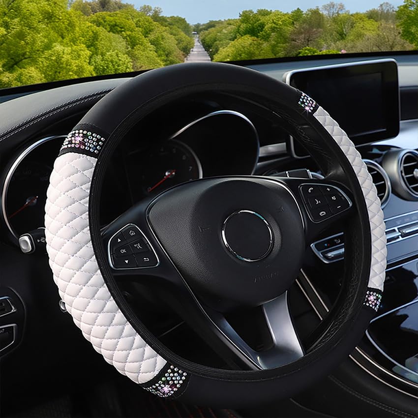 Microfiber Leather Steering Wheel Cover with Anti-Slip Lining Universal Car Accessory for Steering Wheel with a Diameter of 14.5-15 inch (White) - color: White