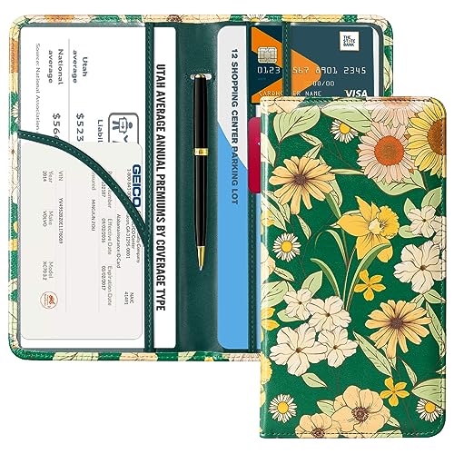 CoBak Car Registration and Insurance Holder - Vehicle Glove Box Car Organizer,Auto Truck Comparment Accessories Case with Magnetic Closure for Driver License,Cards - color: L-Blossom-Pine Green
