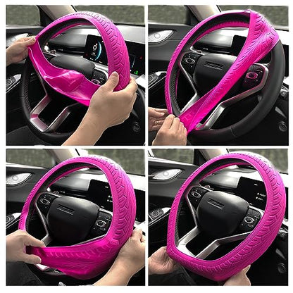 Universal Pink Steering Wheel Cover：13.5 to 15 Inches Stretchable Silicone Anti Skid Steering Wheel Protector Fit for Most Car Models Including Round D Shape or Special Shape - color: Pink