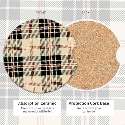 2 Pack Universal Ceramic Car Coasters，Ceramic Stone with A Finger Notch for Easy Removal of Car Cup Holder Coaster(Beautiful Plaid Tartan) - color: Beautiful Plaid Tartan