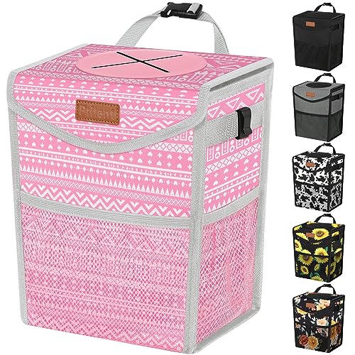Pritent Car Trash Can with Lid, Cute Leakproof Car Trash Garbage Bag Hanging Vehicle Trash Bin Small Portable Automotive Garbage Cans Organizer for Back/Front Seat/Console(2.8 Gallons,Pink Print) - color: Pink Print, size: 2.8 Gallons