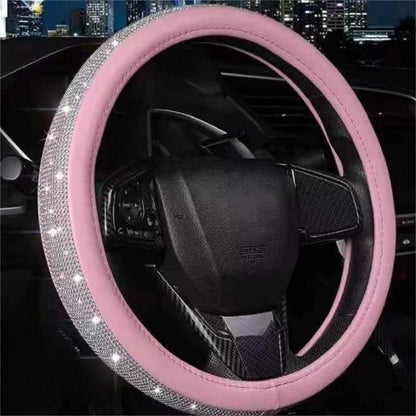 Steering Wheel Cover Women Pink Bling Diamond Steering Wheel Cover, Leather Cute Steering Wheel Covers with Crystal Rhinestones, Breathable, Anti-Slip Universal Fit 14.5-15 Inch Bling Car Accessories - color: White Pink
