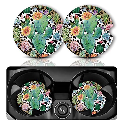 Yonlevres Car Coasters for Cup Holders，2.75" Anti Slip Rubber Mat with A Finger Notch, 2 Pack Car Cup Holder Coasters for Car Interior Accessories for Women Men Cactus - color: Cactus