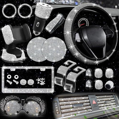NBTEPEM 27 PCs Bling Car Accessories Set for Women, Steering Wheel Covers Universal Fit 15 Inch, Bling License Plate Frame, Bling Phone Holder, Bling Car Coasters (Silver Diamond) - color: Silver Diamond
