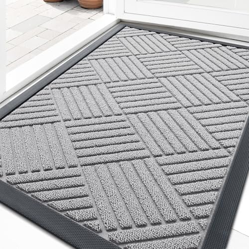 OLANLY Front Door Mat Outside Entrance 29.5x17, Absorbent, Heavy Duty Sturdy Natural Rubber Doormat Indoor Outdoor, Stain Fade Resistant, Non-Slip Low Profile Floor Mat Entryway, Light Gray Diamond - color: Light Gray Diamond, size: 29.5" X 17"