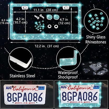 NBTEPEM 27 PCs Aquamrine Bling Car Accessories Set for Women, Steering Wheel Covers Universal Fit 15 Inch, Bling License Plate Frame, Bling Phone Holder, Bling Car Coasters (Aquamrine Diamond) - color: Aquamrine Diamond