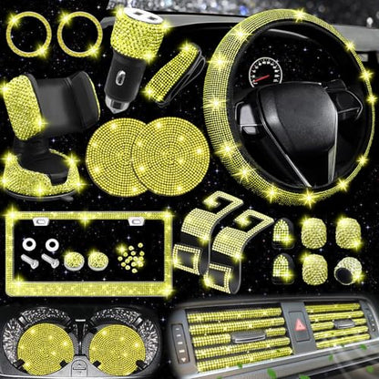 NBTEPEM 27 PCs Yellow Bling Car Accessories Set for Women, Steering Wheel Covers Universal Fit 15 Inch, Bling License Plate Frame, Bling Phone Holder, Bling Car Coasters (Yellow Diamond) - color: Yellow Diamond
