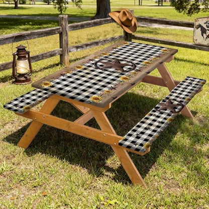 Retro Texas Star Picnic Table Cover with Bench Covers Waterproof Windproof Elastic Fitted Outdoor Camping RV Tablecloths with Drawstring Bag Reusable Rectangle Tables and Seats Cover 30X72IN - color: Black, size: 30" x 72" (Rectangular)