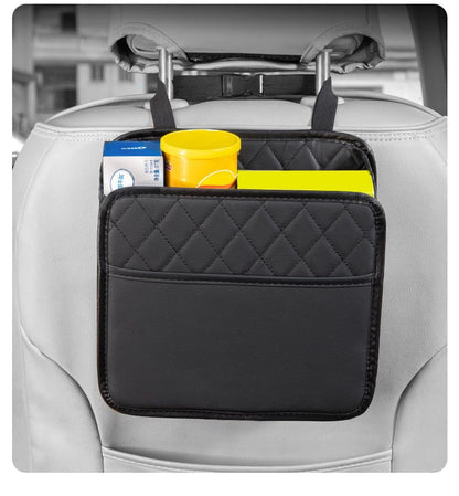 Car Seat Back Organizer, Quilted PU Leather, Multi-Pocket Storage with Umbrella Holder, Black