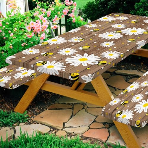Bee Daisy Picnic Table Cover with Bench Covers Waterproof Windproof Elastic Fitted Outdoor Camping RV Tablecloths with Drawstring Bag Reusable Rectangle Rectangle Tables and Seats Cover 30X96IN - color: Brown/Yellow, size: 30" x 96" (Rectangular)